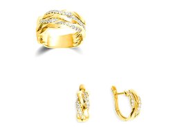 Ring, Ohrringe, Gold, gelb, Diamanten, geflochten ...