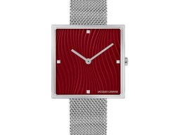 Damenuhr Edelstahl, Zifferblatt rot, Quadrat, Metallband