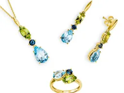 Ring, Anhänger, Ohrringe in Gold, gelb, bunt