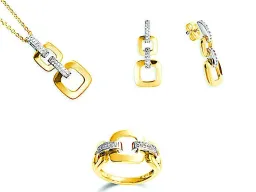 Ring, Anhänger, Ohrringe - Gelbgold, Diamanten